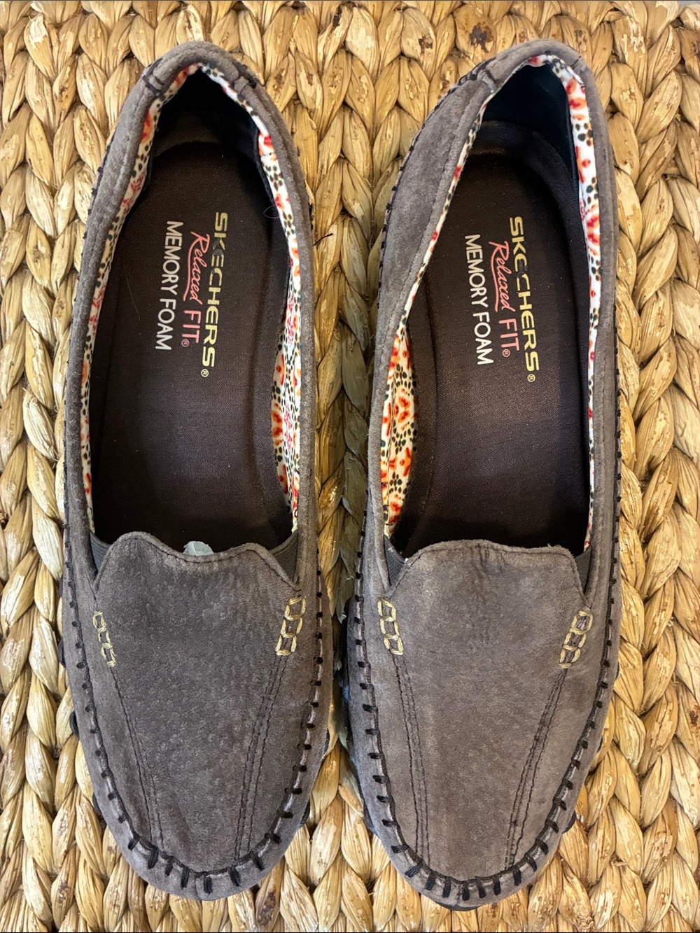 Skechers Brown Relaxed Fit Memory Foam Slip-Ons with Floral Lining